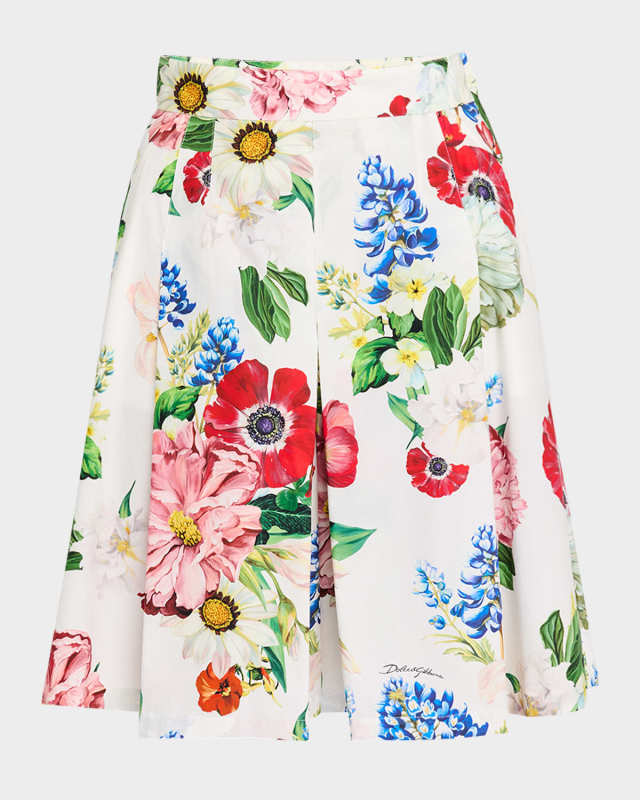 Floral Poplin Pleated Bermuda Shorts
